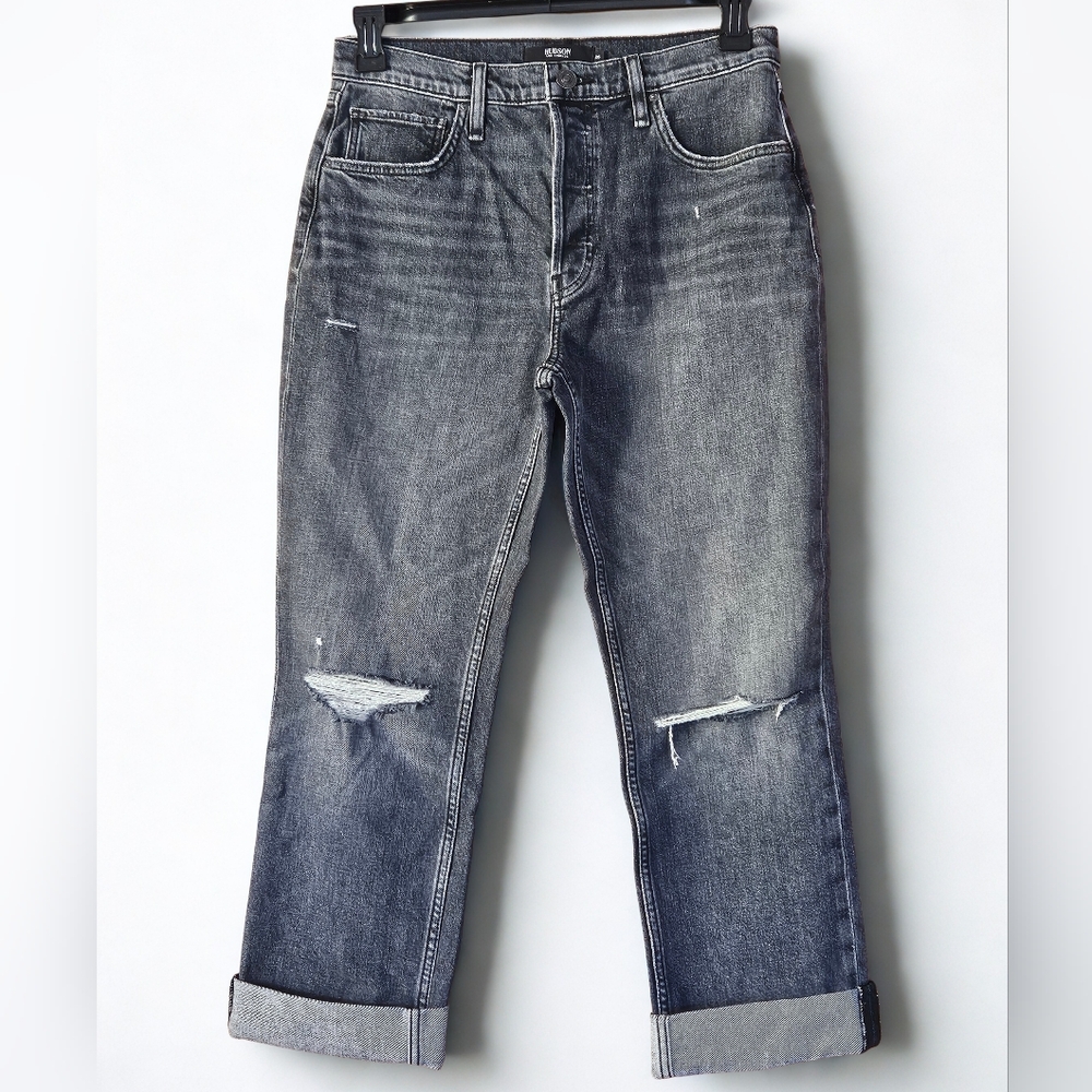 Hudson Thalia Straight Ankle Distressed Gray Rollwd Hem Jeans Size 26